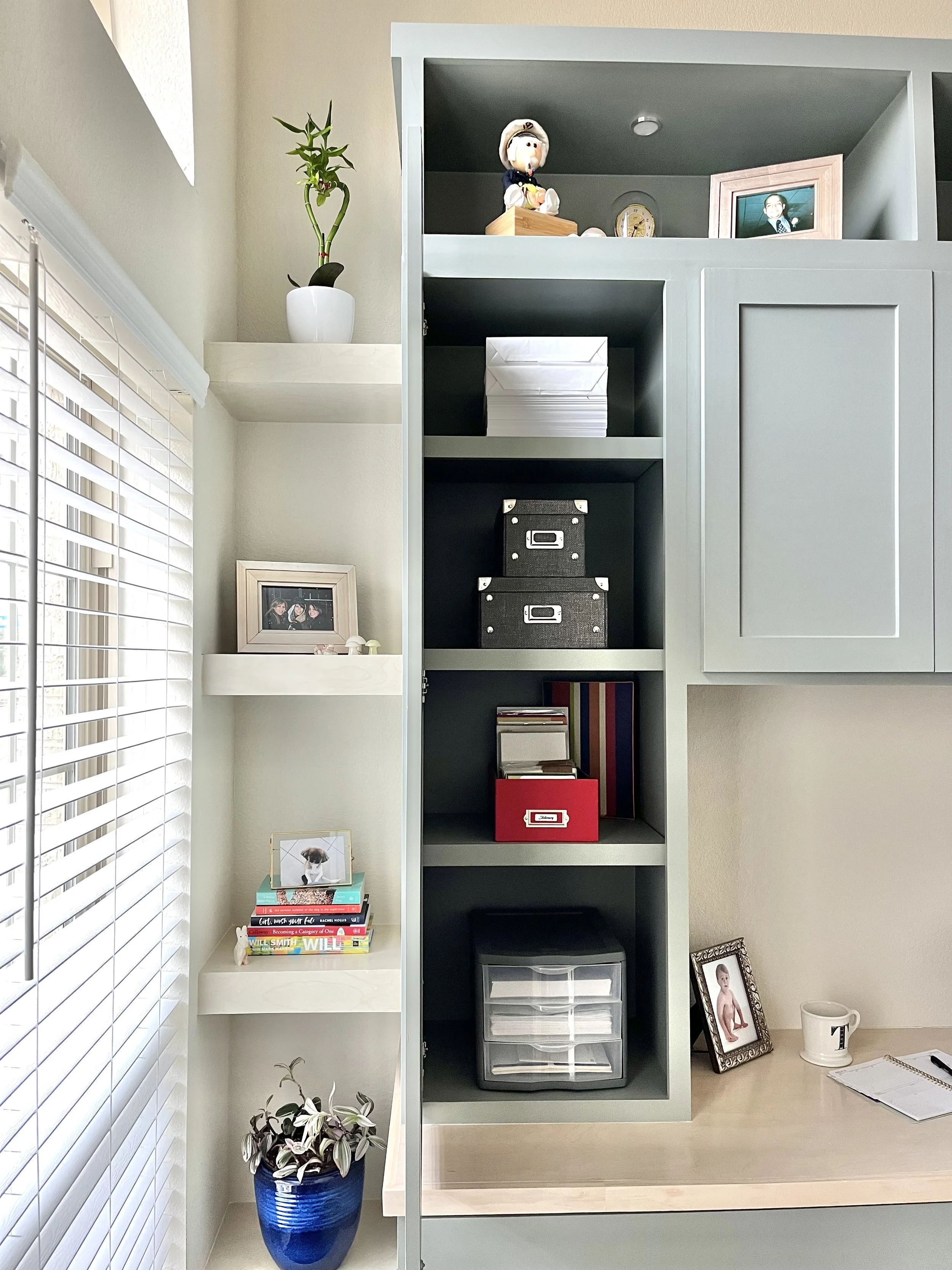 custom designed office space with beautiful open shelving