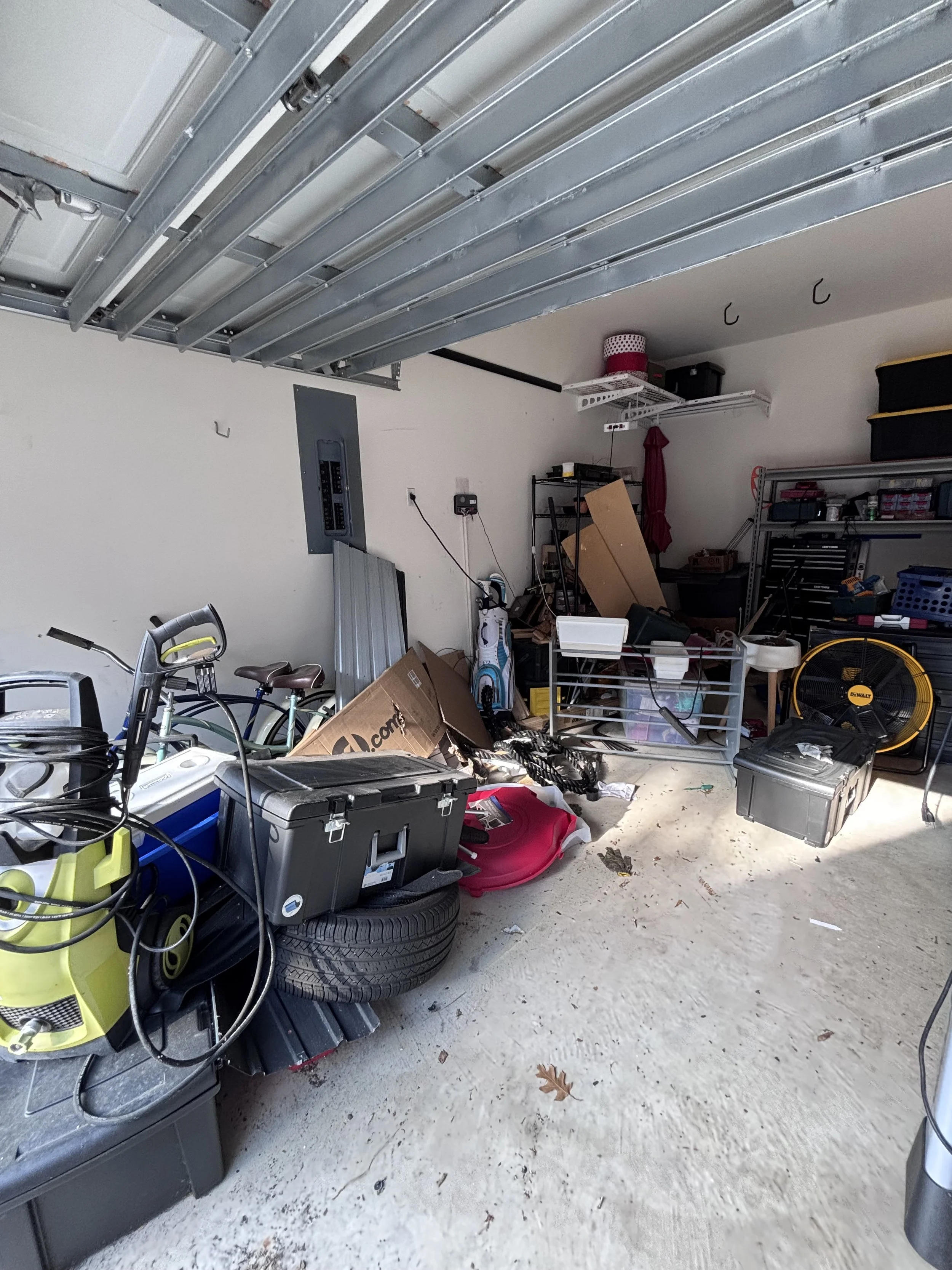 Declutter the garage by creating zones that allow you to find items more quickly and a place to park your vehicles. Creating zones allows items to be accessed and put away more quickly. 