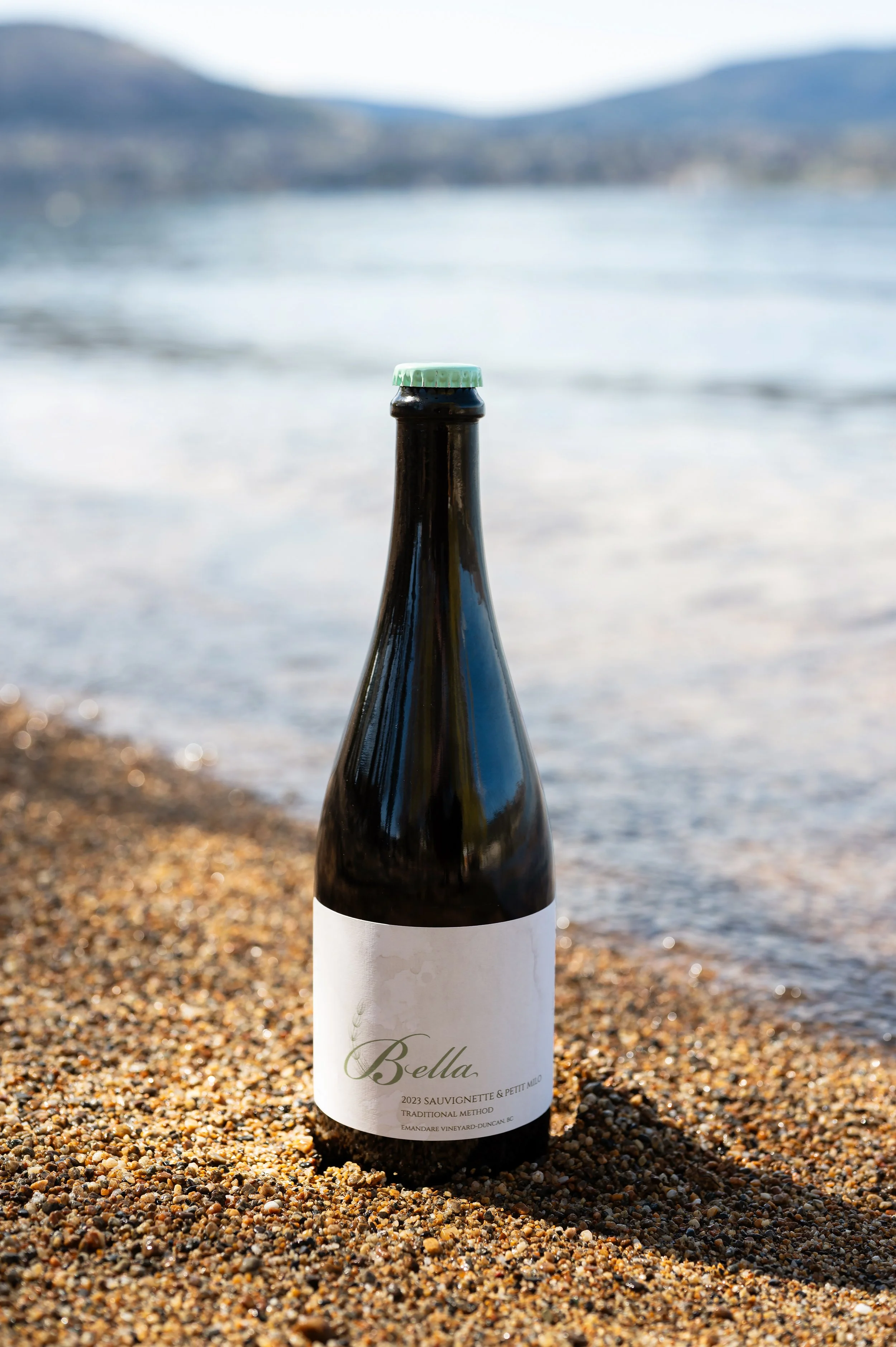 A bottled beverage, labeled 'Bella,' placed on a sandy beach near the water with hills or mountains in the background.