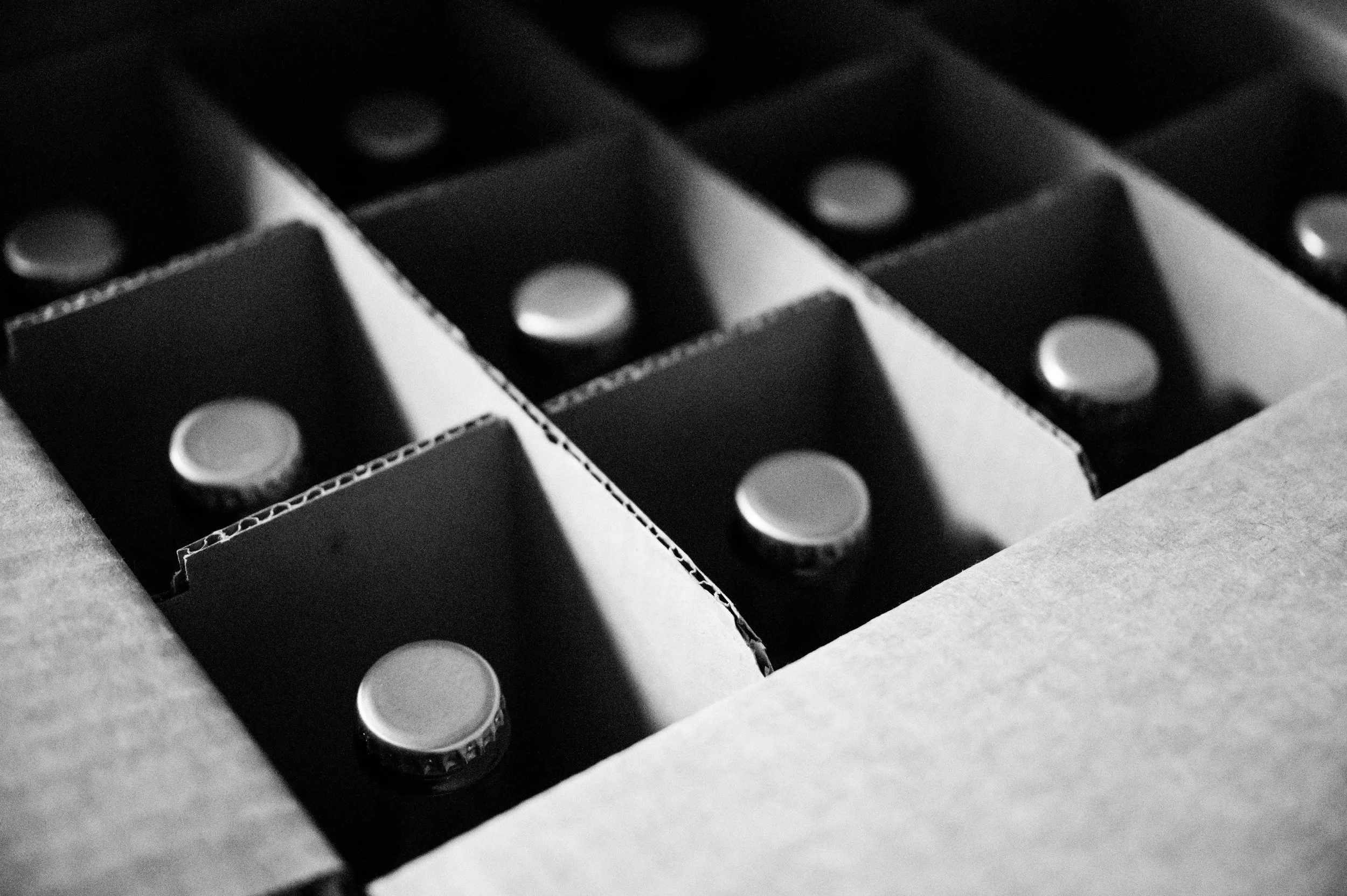 Black and white close-up of a box containing organic sparkling wine.