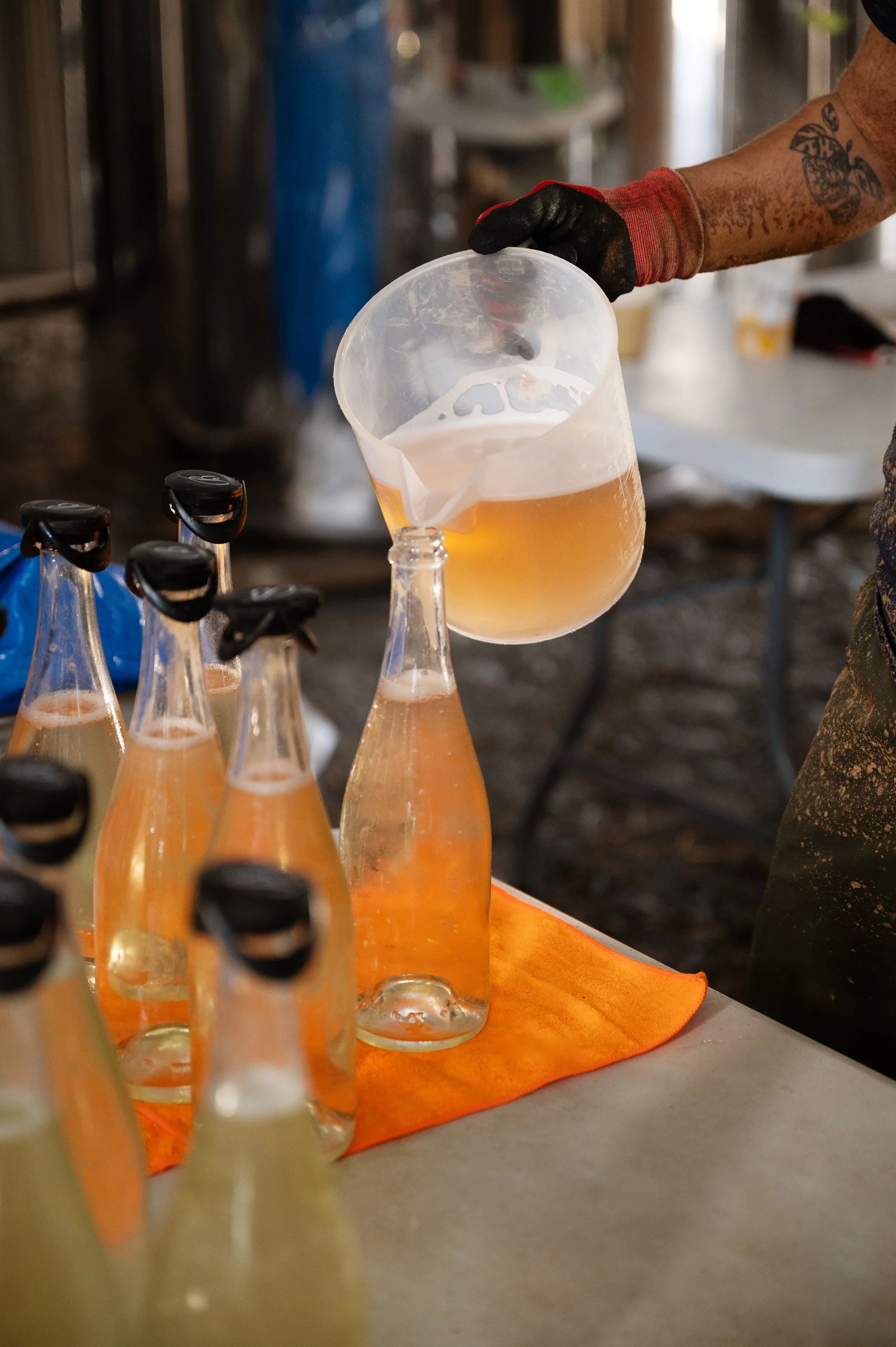 Person pouring beer from a plastic container into glass bottles with orange cloth underneath.