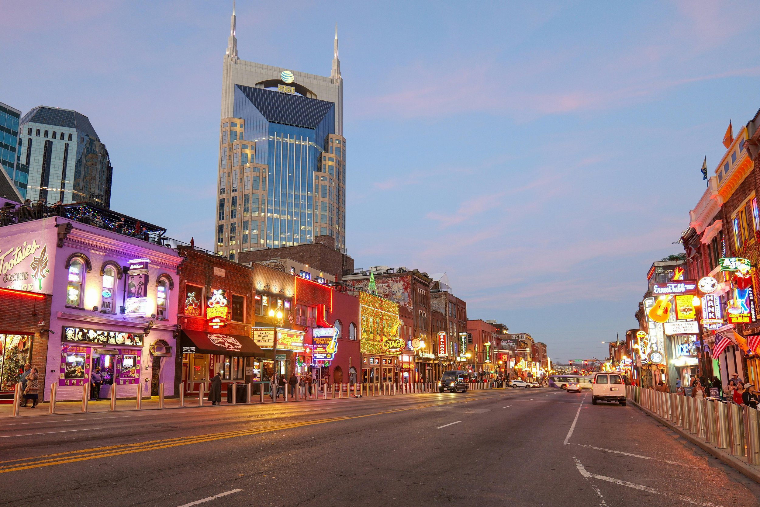 Nighttime view of Broadway and the Batman building in Nashville, Tennessee