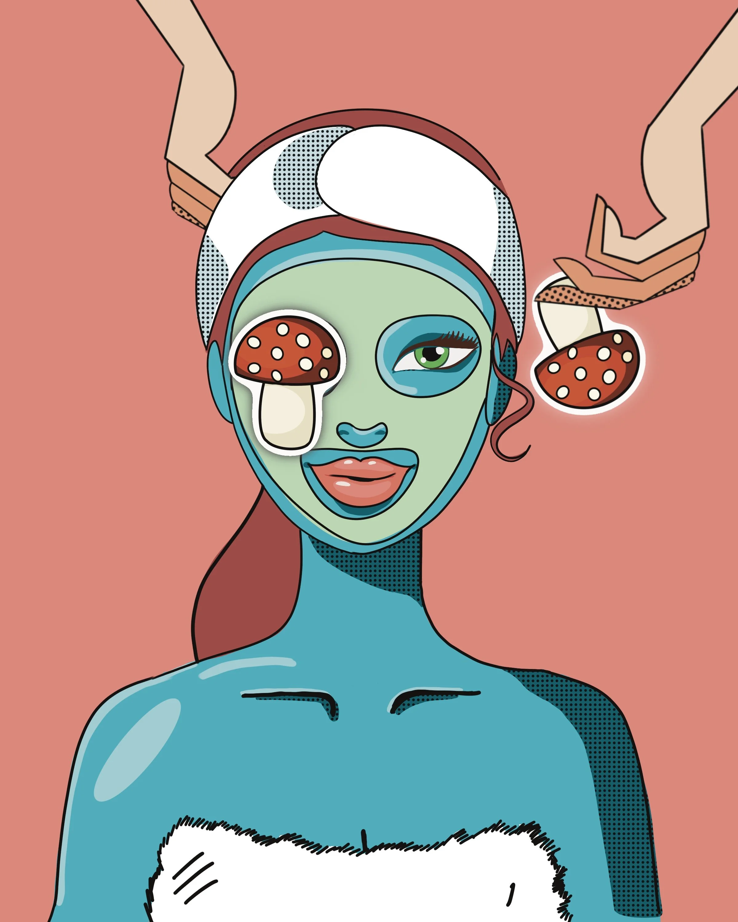 Pop art illustration of a woman with green face mask, mushroom-shaped patches on eyes, wearing a turban, blue skin, peach background
