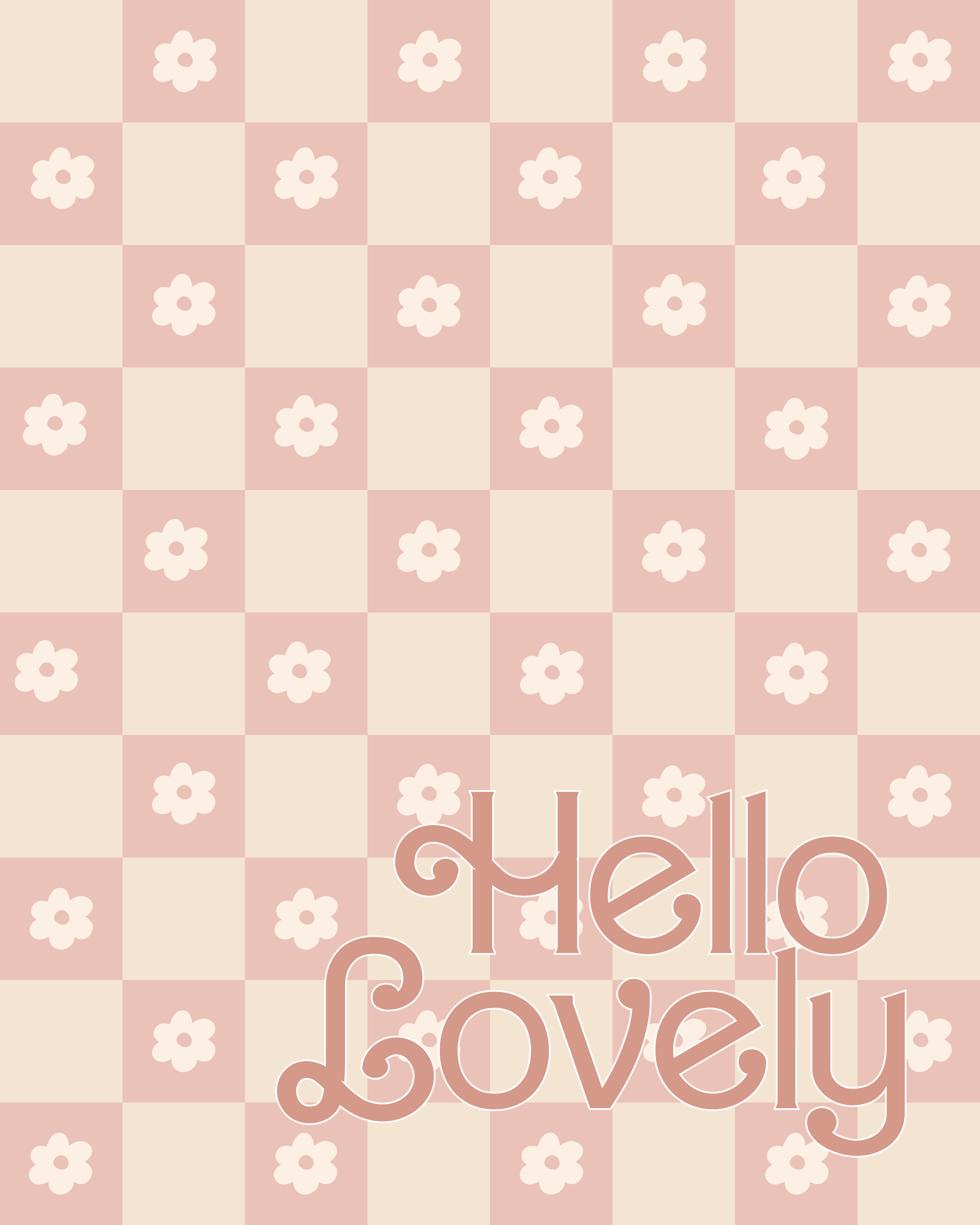 Checkerboard pattern with flowers and the text 'Hello Lovely' in a retro font.
