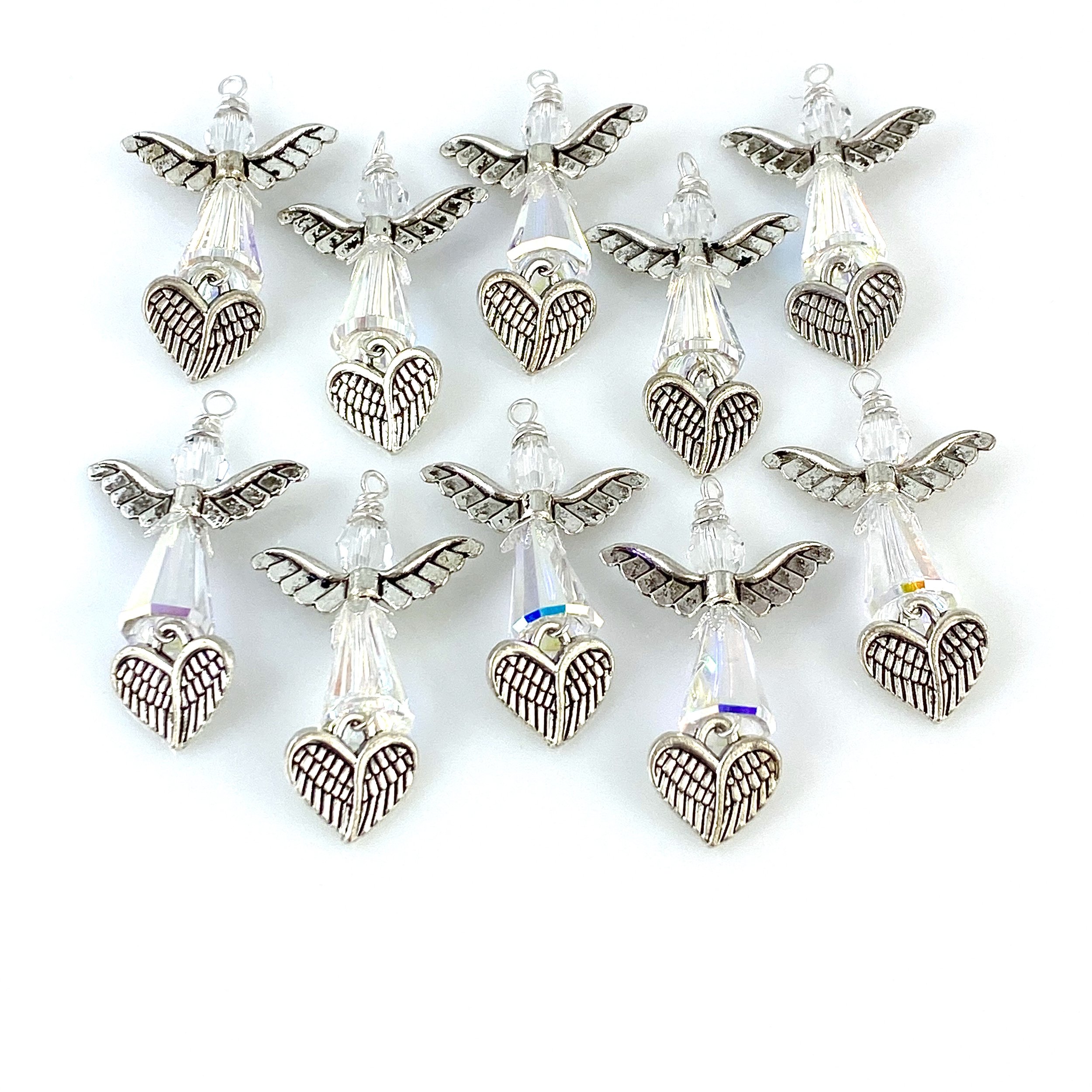 Small iridescent angels with heart wings charms