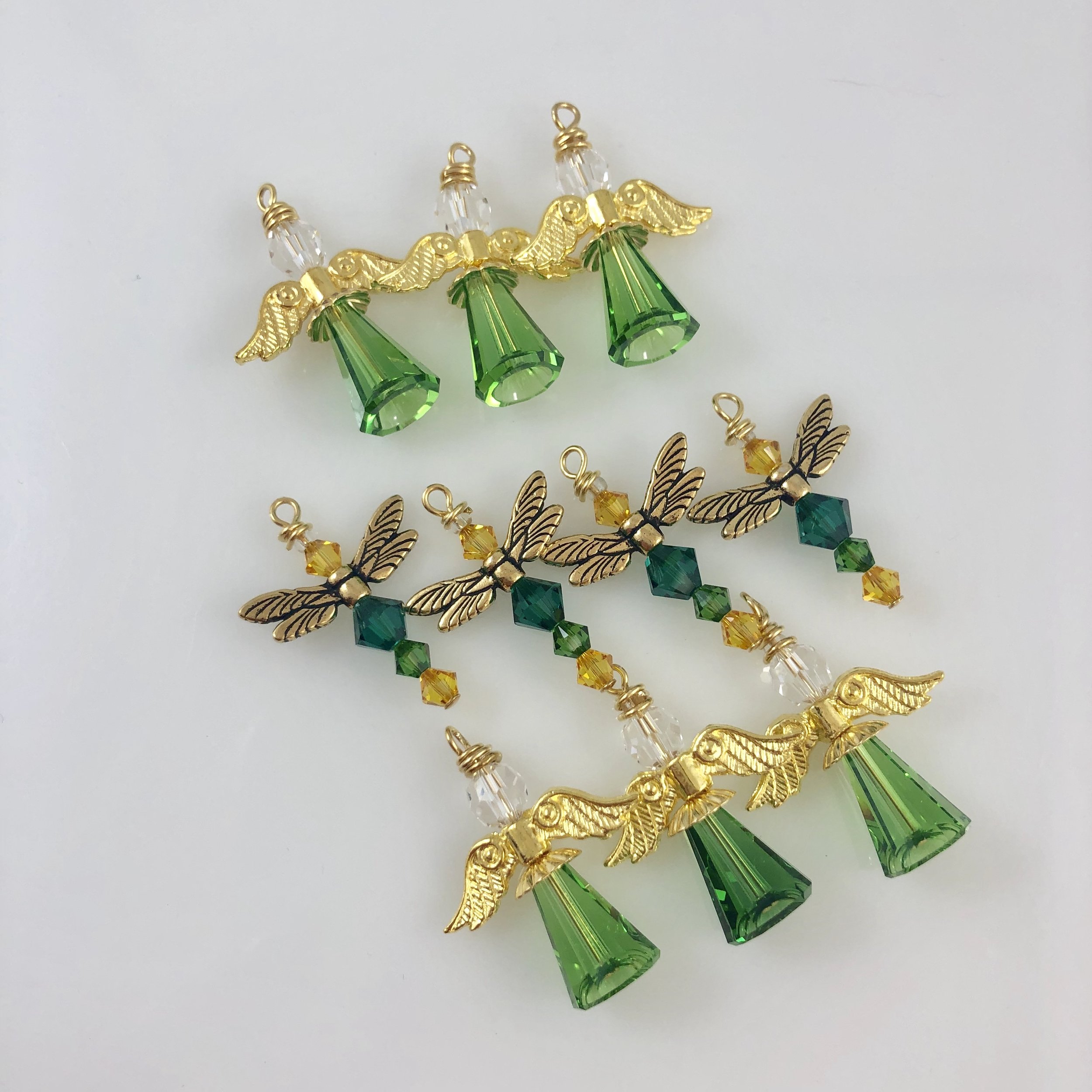 Assorted green and gold angels and Friendship Dragonflies
