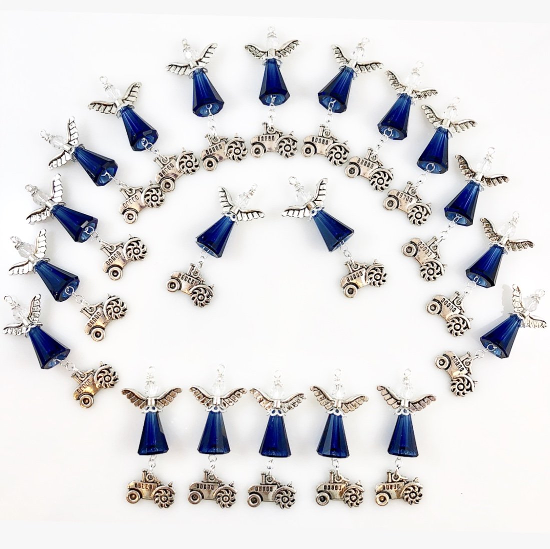 Custom collection of blue angels with tractor charms to honour a Dad who loved to farm