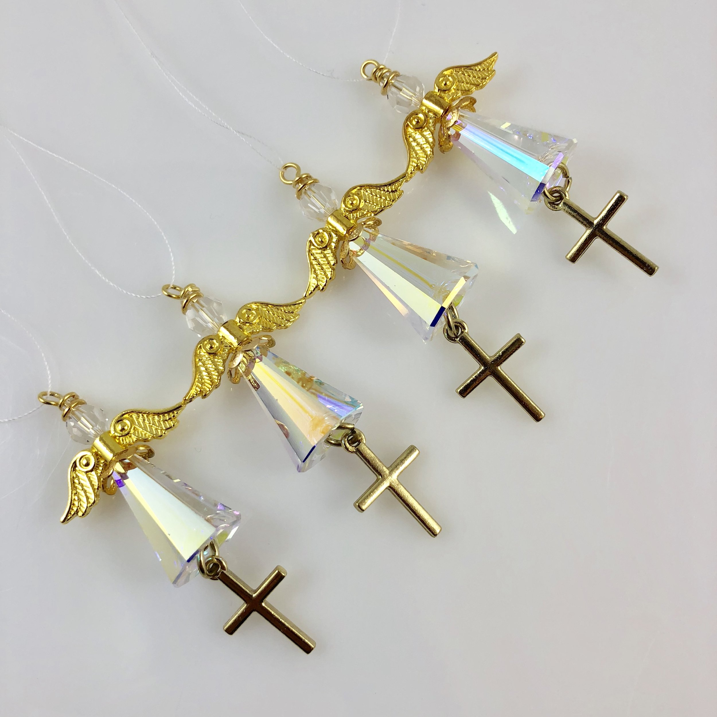 Large iridescent angels with cross dangles