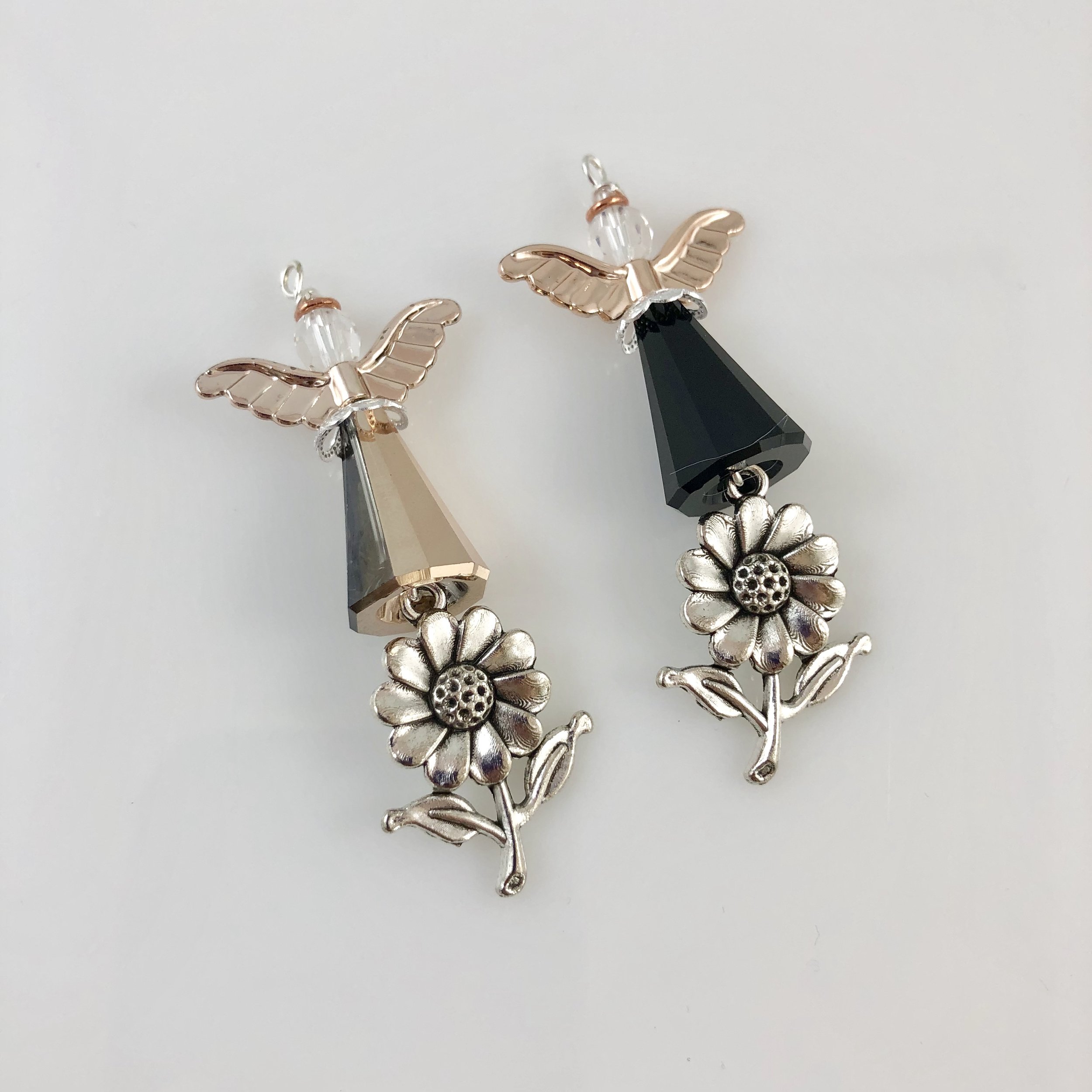 Small rose gold and black angels with sunflower charms