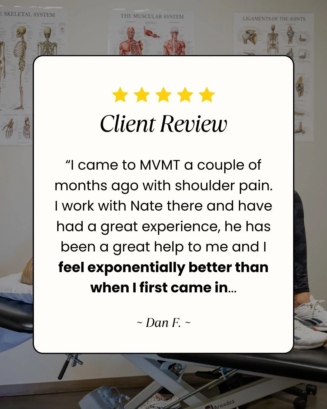 Big shoutout to Nate for creating an environment where patients feel supported, comfortable, and know they&rsquo;re in the right place. 👏 

At MVMT, that&rsquo;s what it&rsquo;s all about&mdash;getting you out of pain, back to the things you love, a