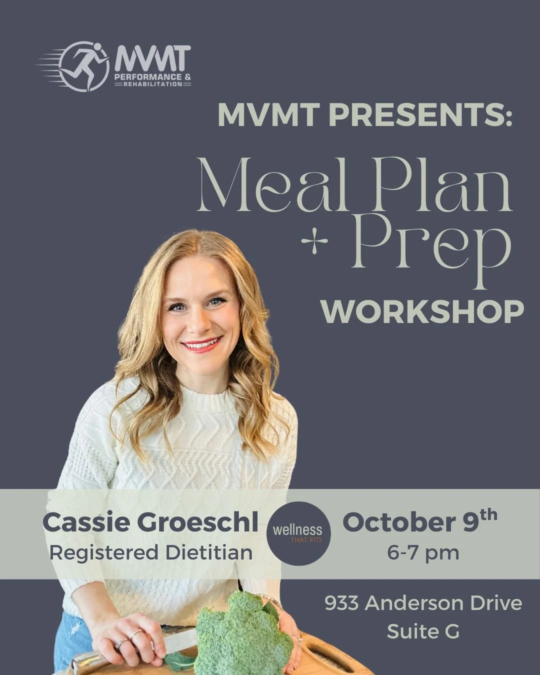 REMINDER NEXT WEEK IT'S GOING DOWN! 

👋 Join us at MVMT next week Thursday, October 9th (6&ndash;7 PM) for a Meal Plan + Prep Workshop with registered dietitian Cassie Groeschl. @wellnessthatfits 

Learn how to schedule nutrition like a boss and rec