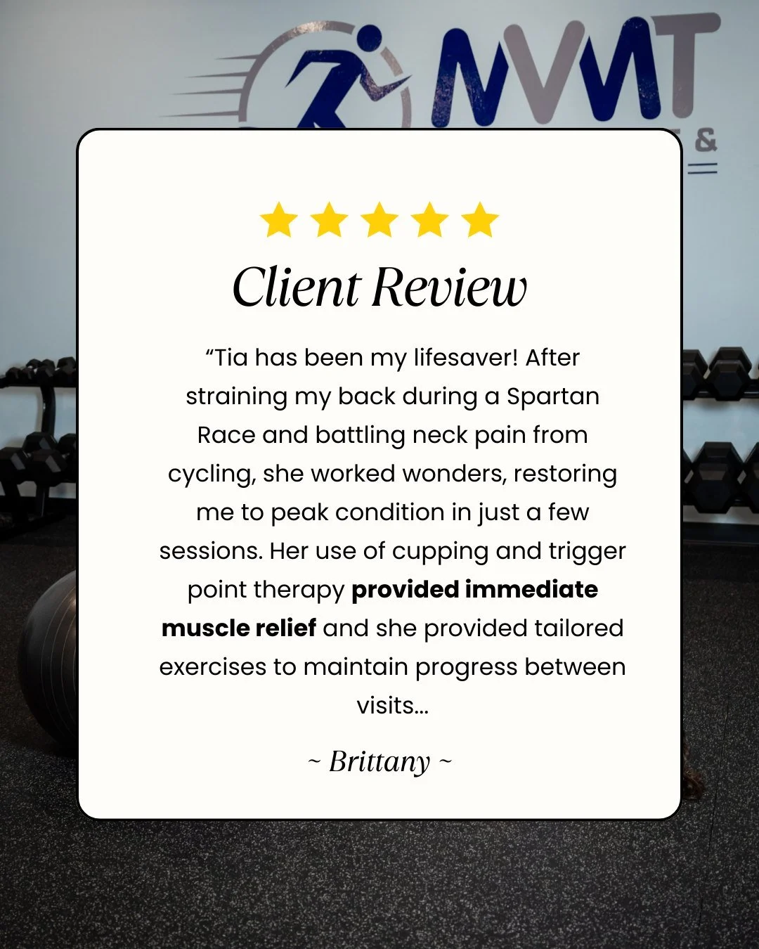 Spartan Race injury? Cycling neck pain? No big deal. 
Tia: cracks knuckles 😌 

A few sessions, some trigger point magic, ✨and targeted exercises later&mdash;Brittany is back doing athlete things. 😎

This is why our OG MVMT fam sticks around! Keep c