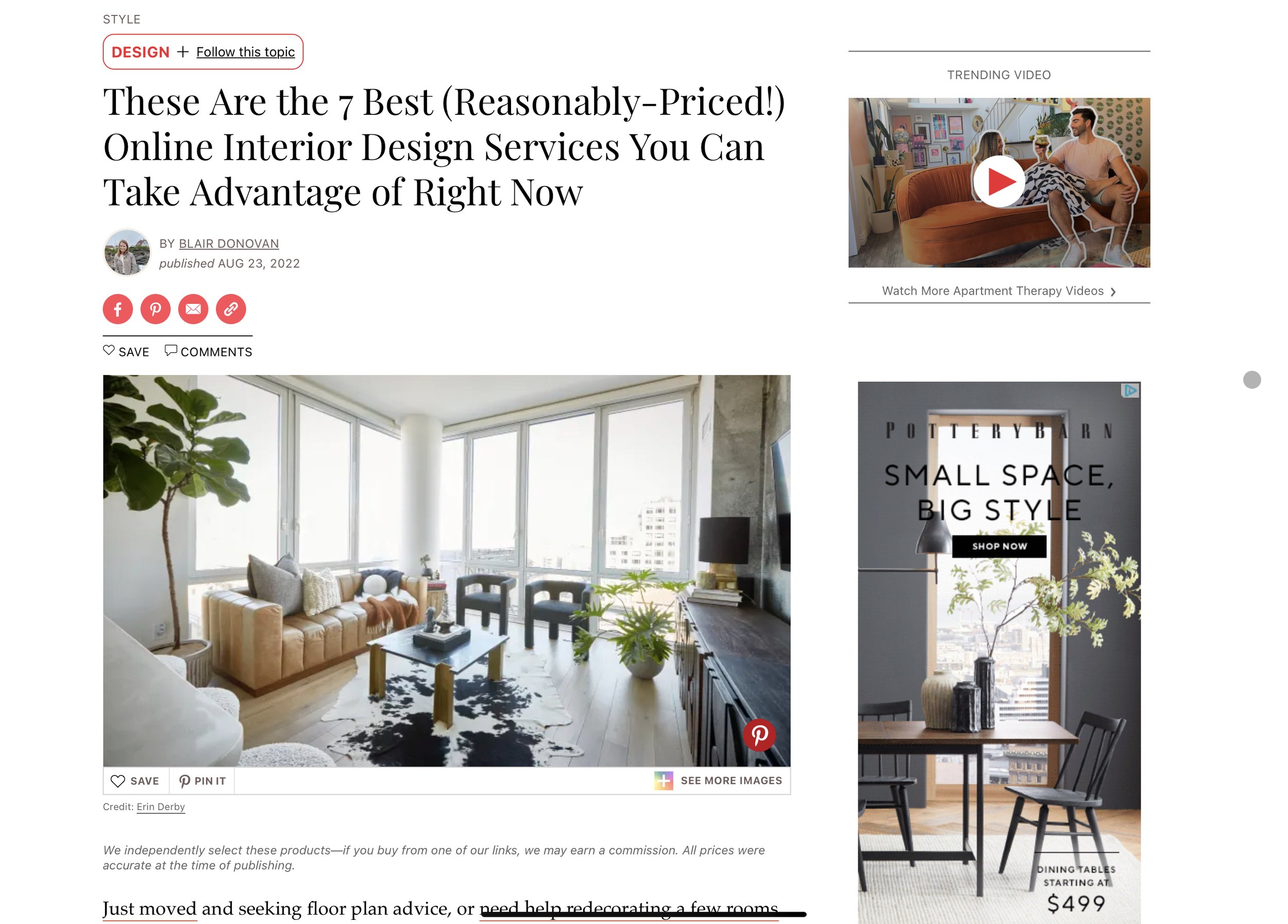 roomLift featured as one of the best online interior design services in Apartment Therapy