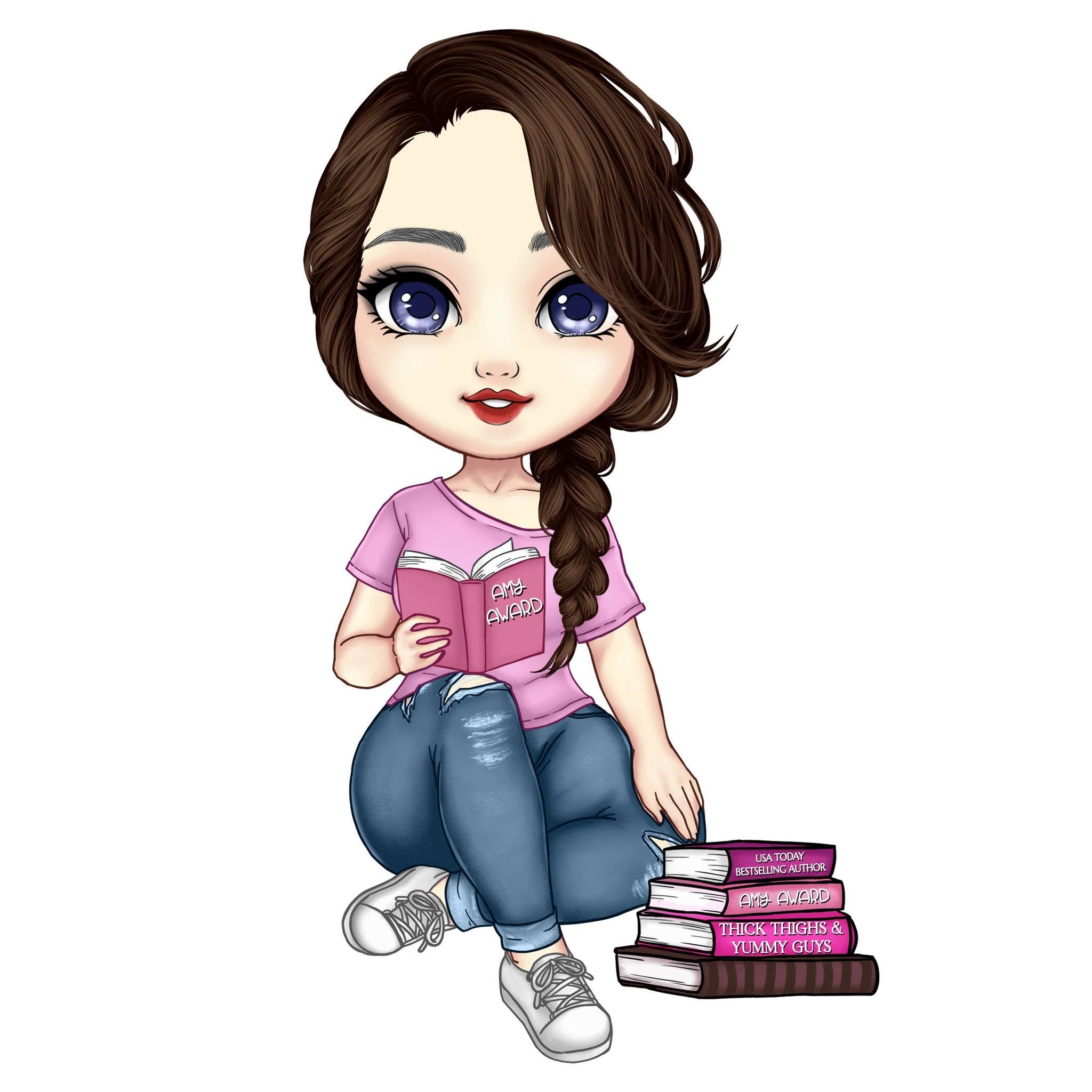Cartoon image of a girl with brown hair in a braid, wearing a pink T-shirt and blue jeans, sitting on the floor with books stacked beside her. She is reading a pink book titled 'Amy Award' and smiling.
