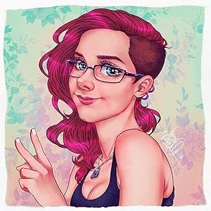 Digital illustration of a young woman with pink and purple hair, glasses, wearing a black top, making a peace sign, with a colorful, purplish background.