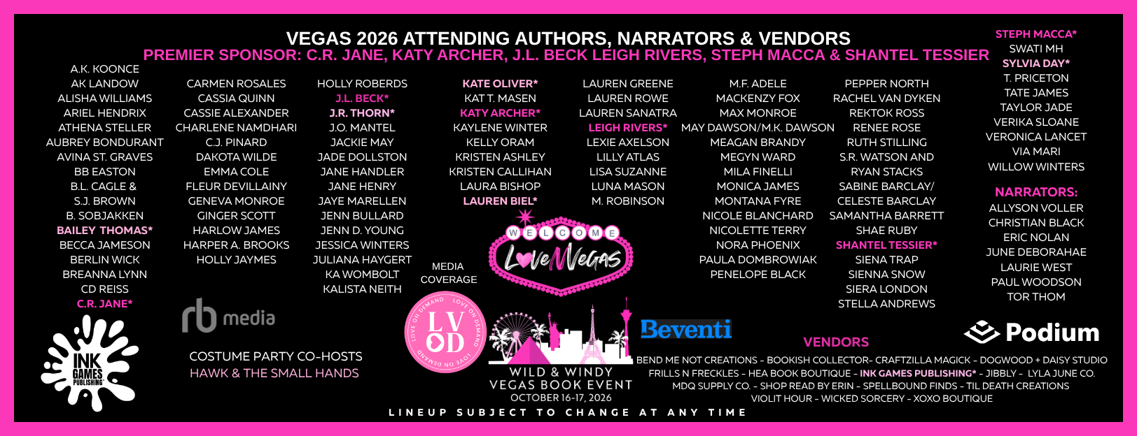 Vegas 2026 book event lineup featuring authors, narrators, vendors, sponsors, and media coverage, with the event date October 16-17, 2026