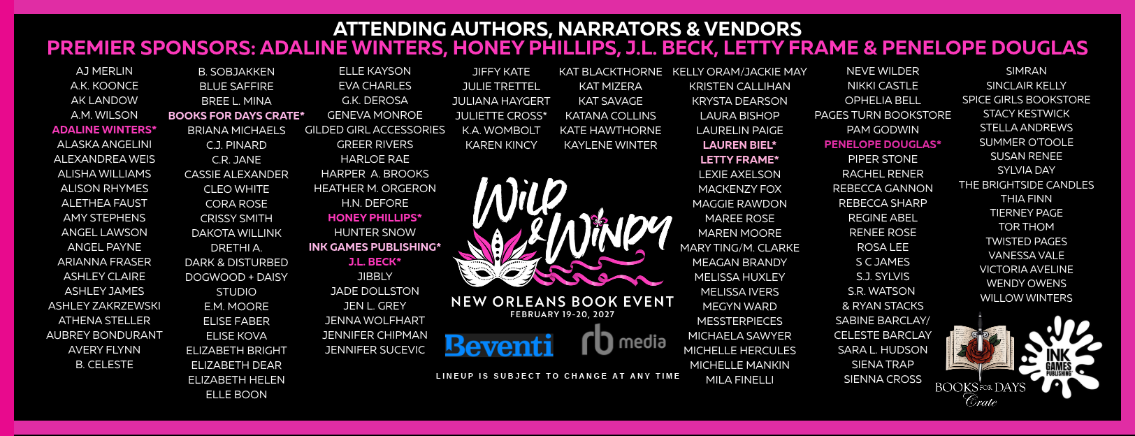 List of sponsors and authors attending the Wild & Winny New Orleans Book Event, held on February 19-20, 2027, with a black background, pink and white text, and ink splatter graphics.