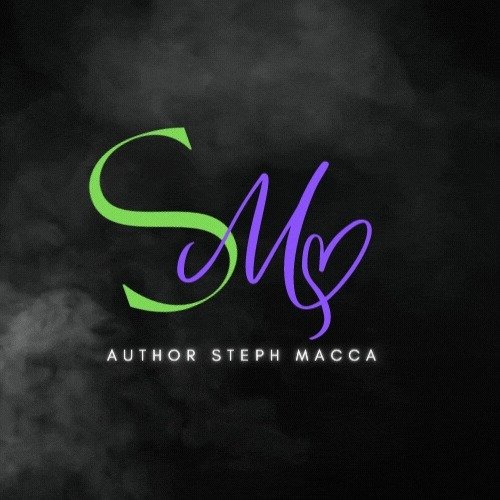 Logo with large stylized S in green, followed by a purple love heart and the word M in purple, with the text 'Author Steph Macca' underneath on a dark background.