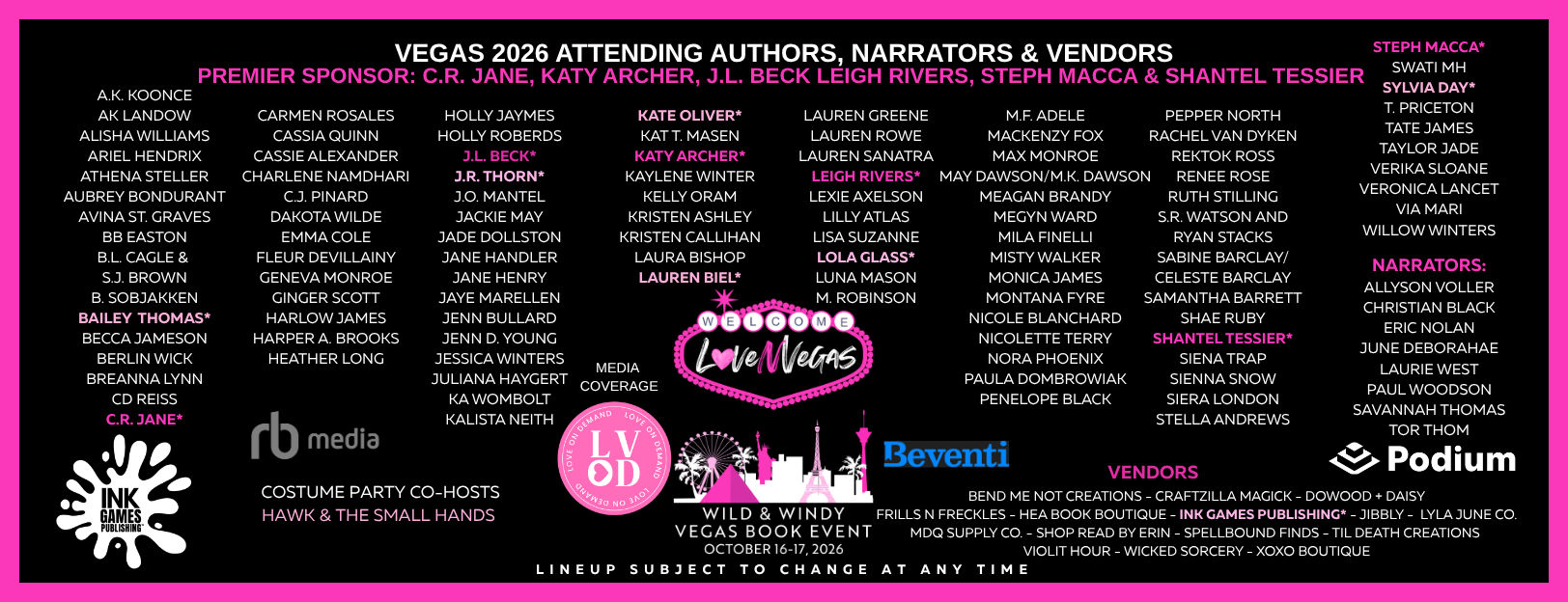 Vegas 2026 book event lineup featuring authors, narrators, vendors, sponsors, and media coverage, with the event date October 16-17, 2026