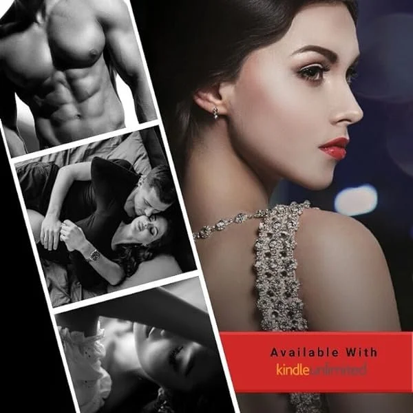 Collage of four images: a muscular man's torso, a couple kissing, a woman lying down with closed eyes, and a portrait of a woman with jewelry, with text indicating availability on Kindle.