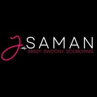 Logo with a stylized pink 'S' and the words 'SAMAN' in white, with the tagline 'Sassy, Swoony, Scorching' below.