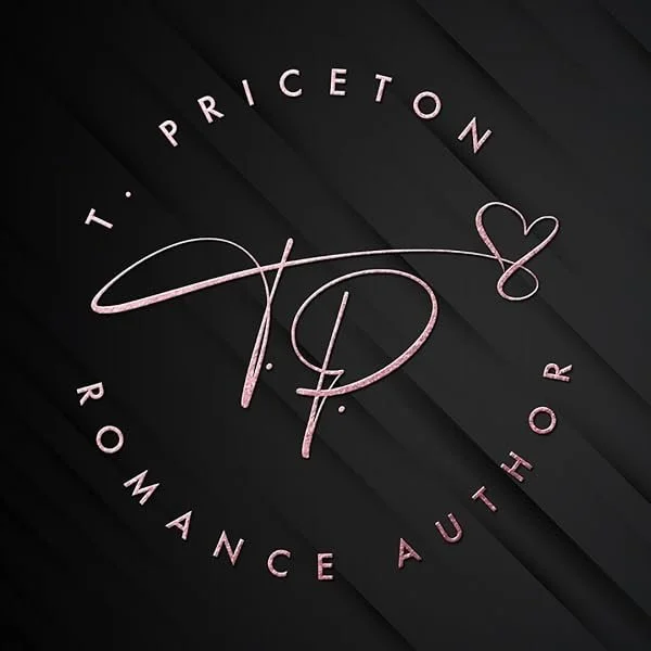 Logo with the initials 'TP' in pink, surrounded by the text 'T. PRICETON ROMANCE AUTHOR' on a dark background.