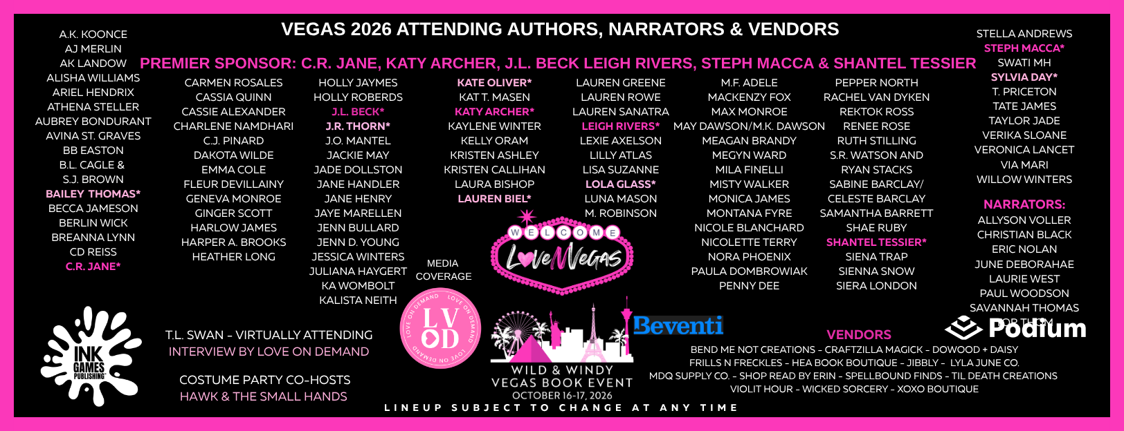 Vegas 2026 book event lineup featuring authors, narrators, vendors, sponsors, and media coverage, with the event date October 16-17, 2026