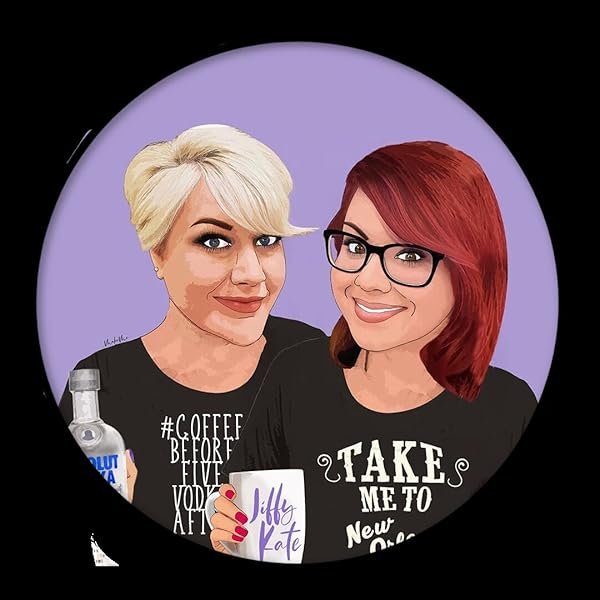 Two women with contrasting hair colors, one blonde and one redhead, smiling and posing together against a purple background. They are wearing matching black shirts with humorous white text, and are holding a cup and a bottle.