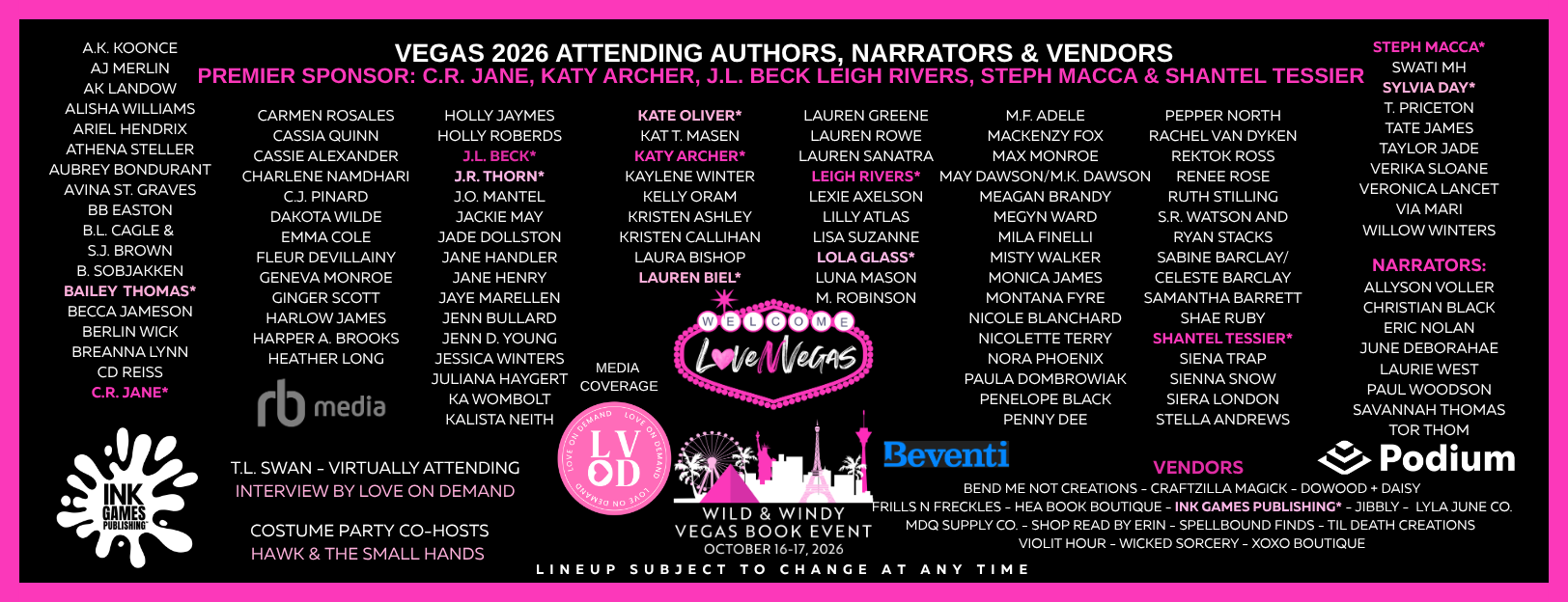 Vegas 2026 book event lineup featuring authors, narrators, vendors, sponsors, and media coverage, with the event date October 16-17, 2026
