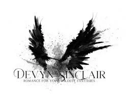 Black feathered wings with splattered ink effect and the text 'Devyn Sinclair' underneath, along with the phrase 'Romance for Your Lusty Fetishes'.