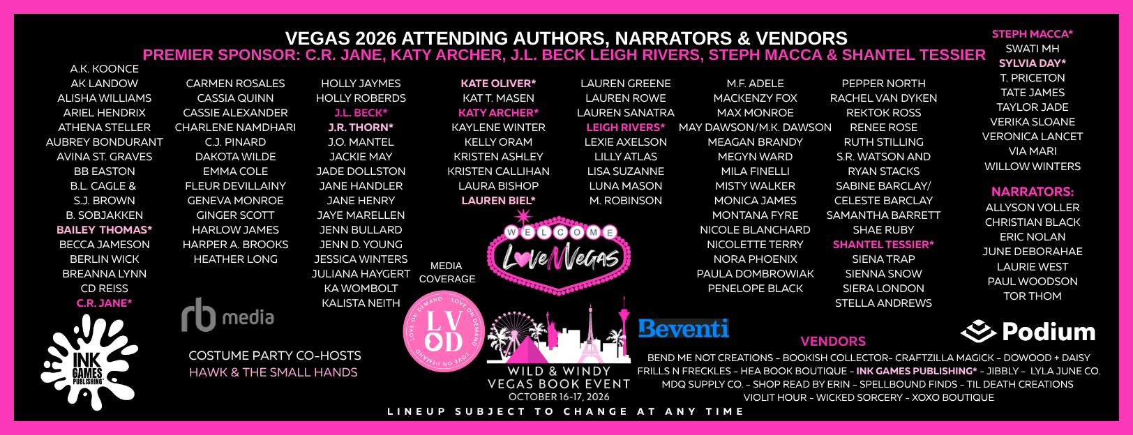 Vegas 2026 book event lineup featuring authors, narrators, vendors, sponsors, and media coverage, with the event date October 16-17, 2026