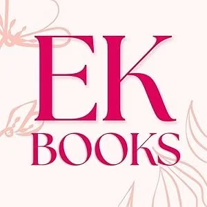 EK Books logo in pink font with decorative floral elements in the background.