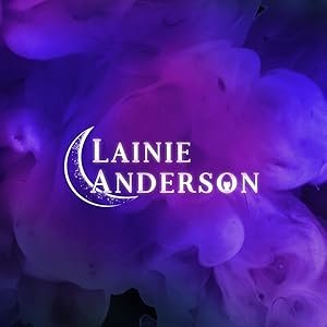 Purple and blue abstract smoke or ink background with white text 'Lainie Anderson' and a crescent moon graphic.