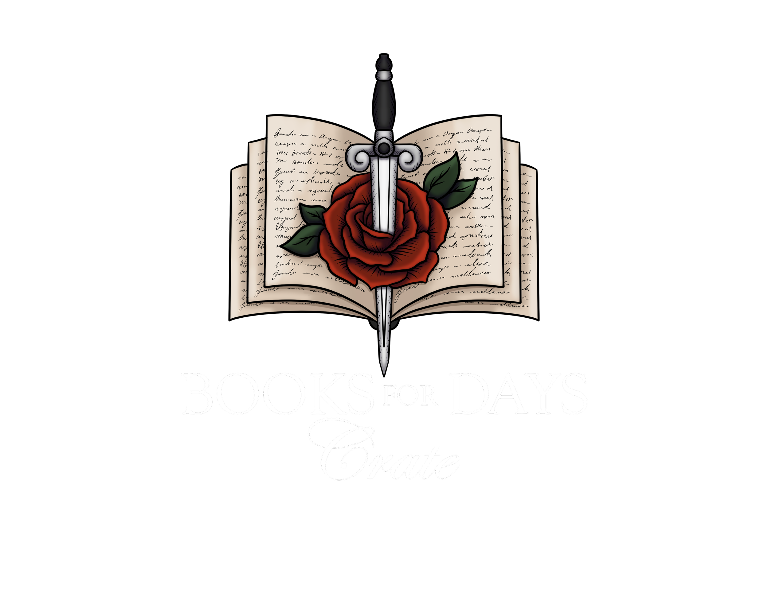 A graphic design with an open book, a sword piercing through the pages, a red rose, and the words 'Books for Days' and 'Create' in stylish fonts.