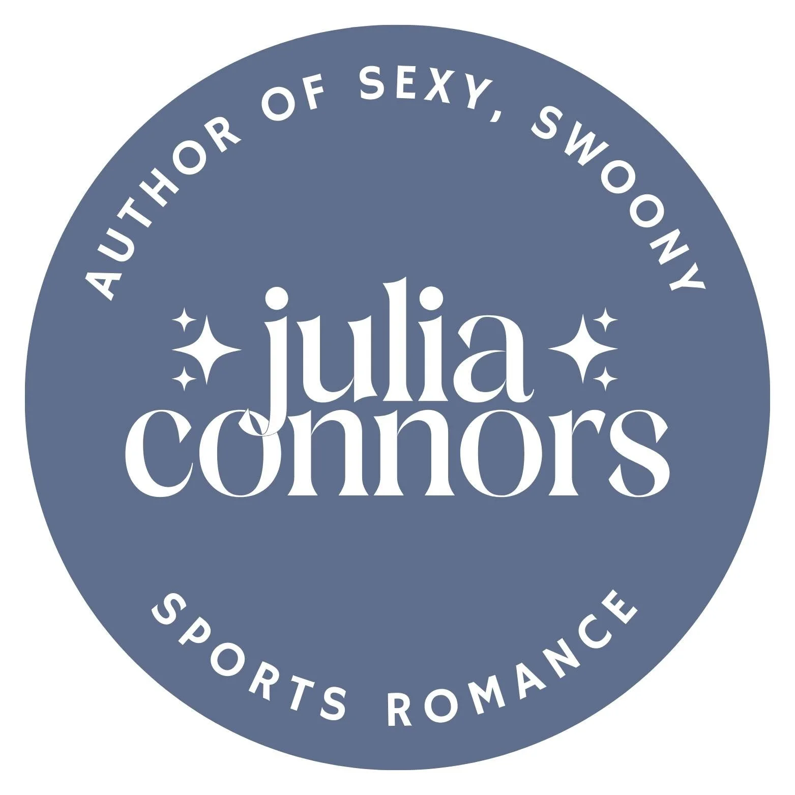 Round logo with a blue background and white text that reads 'Julia Connors'. The text around the circle says 'Authentic, Sexy, Swoon, Support, Sports, Romance'.