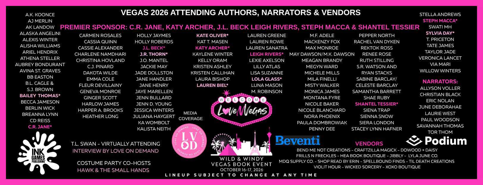 Vegas 2026 book event lineup featuring authors, narrators, vendors, sponsors, and media coverage, with the event date October 16-17, 2026