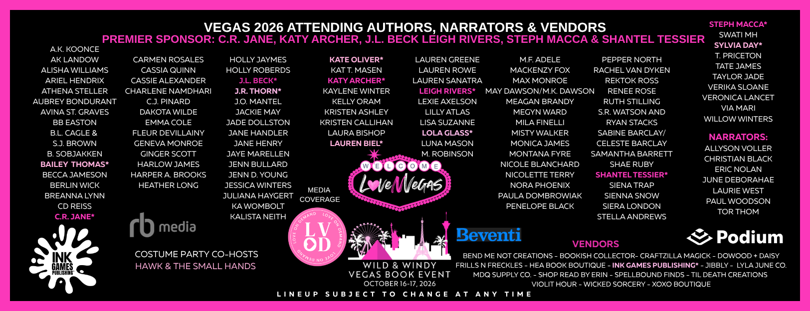 Vegas 2026 book event lineup featuring authors, narrators, vendors, sponsors, and media coverage, with the event date October 16-17, 2026