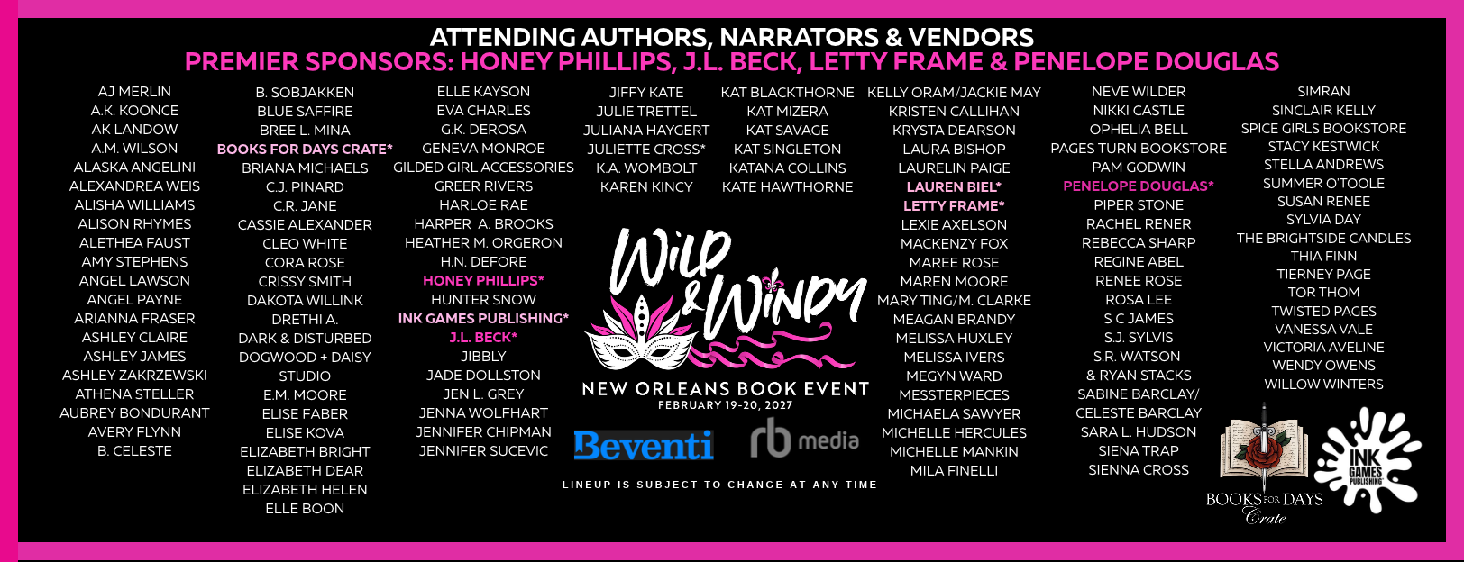 List of sponsors and authors attending the Wild & Winny New Orleans Book Event, held on February 19-20, 2027, with a black background, pink and white text, and ink splatter graphics.