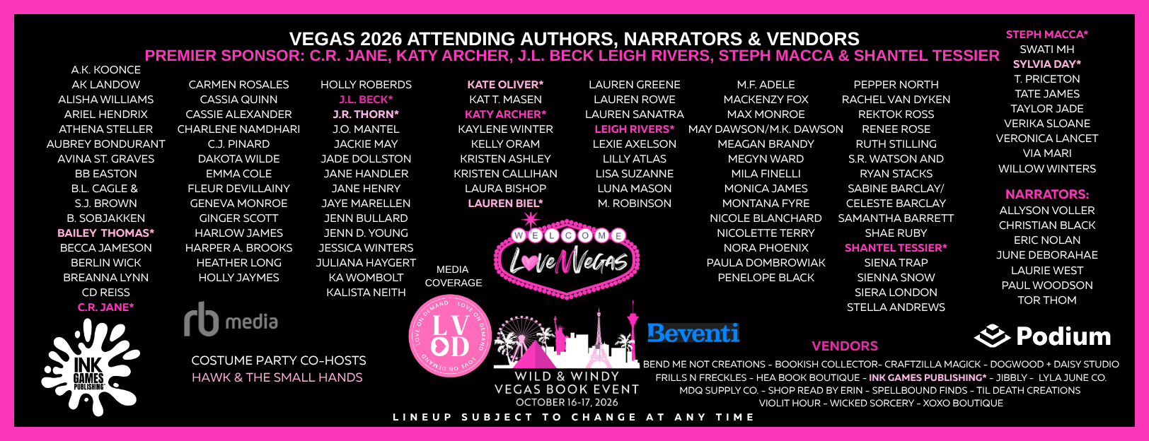 Vegas 2026 book event lineup featuring authors, narrators, vendors, sponsors, and media coverage, with the event date October 16-17, 2026