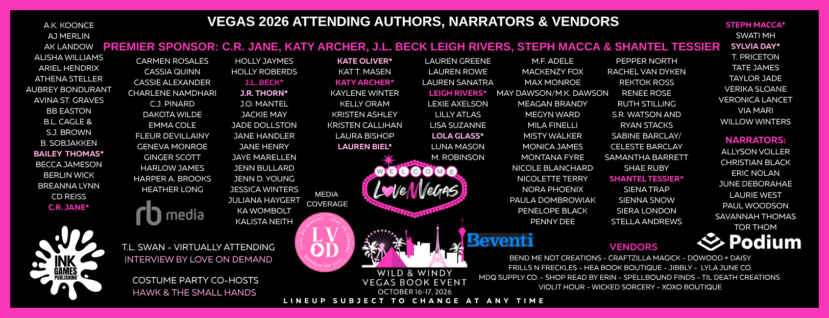 Vegas 2026 book event lineup featuring authors, narrators, vendors, sponsors, and media coverage, with the event date October 16-17, 2026