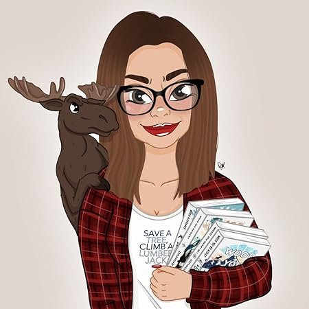 Cartoon woman with glasses and long hair holding papers, standing next to a cartoon moose.