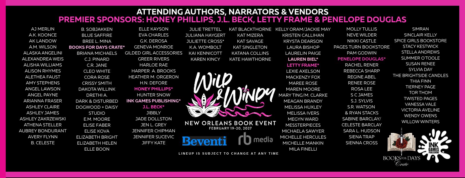 List of sponsors and authors attending the Wild & Winny New Orleans Book Event, held on February 19-20, 2027, with a black background, pink and white text, and ink splatter graphics.