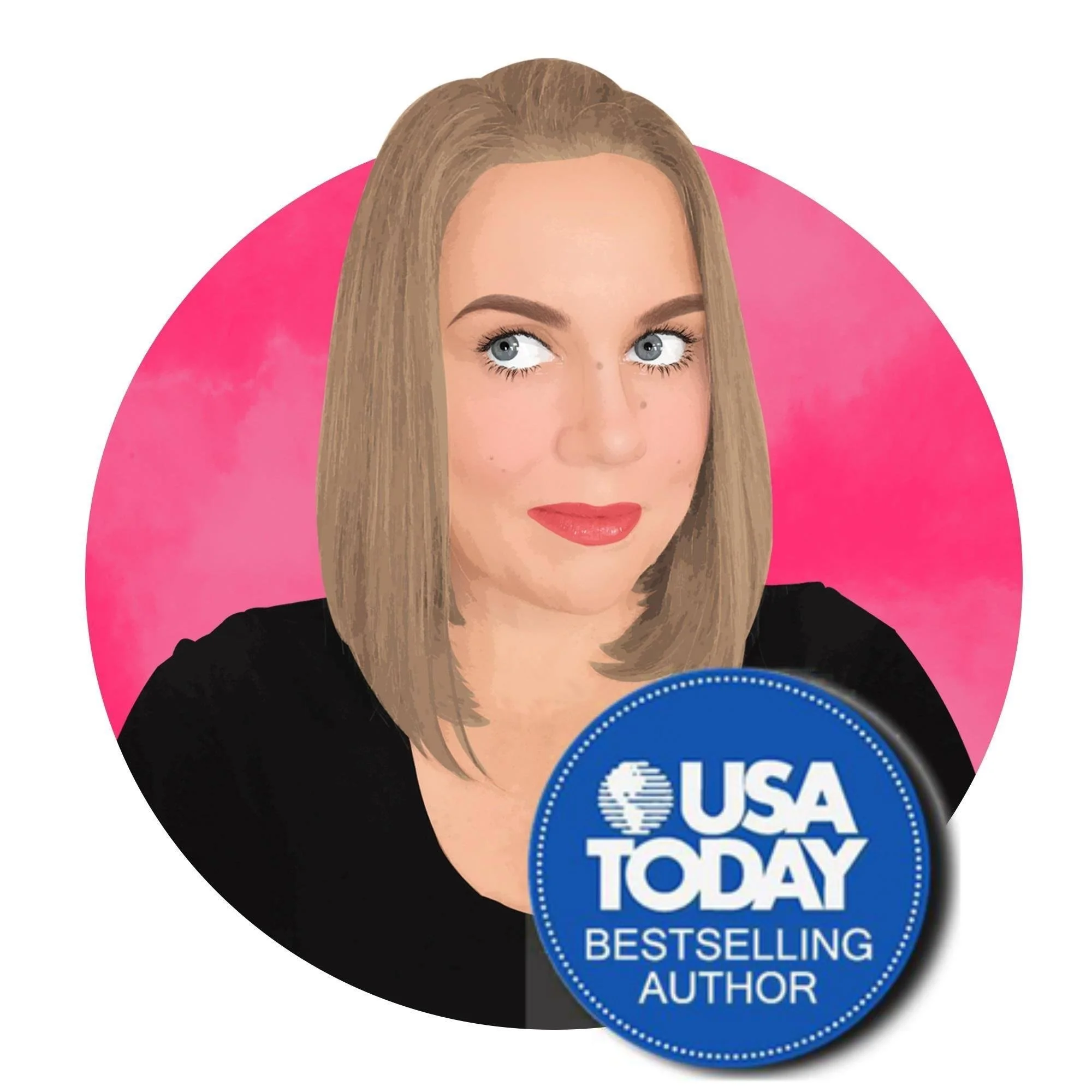 Close-up of a woman's face with long brown hair, blue eyes, and makeup, with a pink background and a blue circular badge that reads 'USA Today Bestselling Author.'