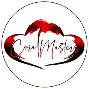 A logo with red and black colors, featuring the words 'Cora Master' written in cursive inside an abstract heart shape, all within a circular outline.