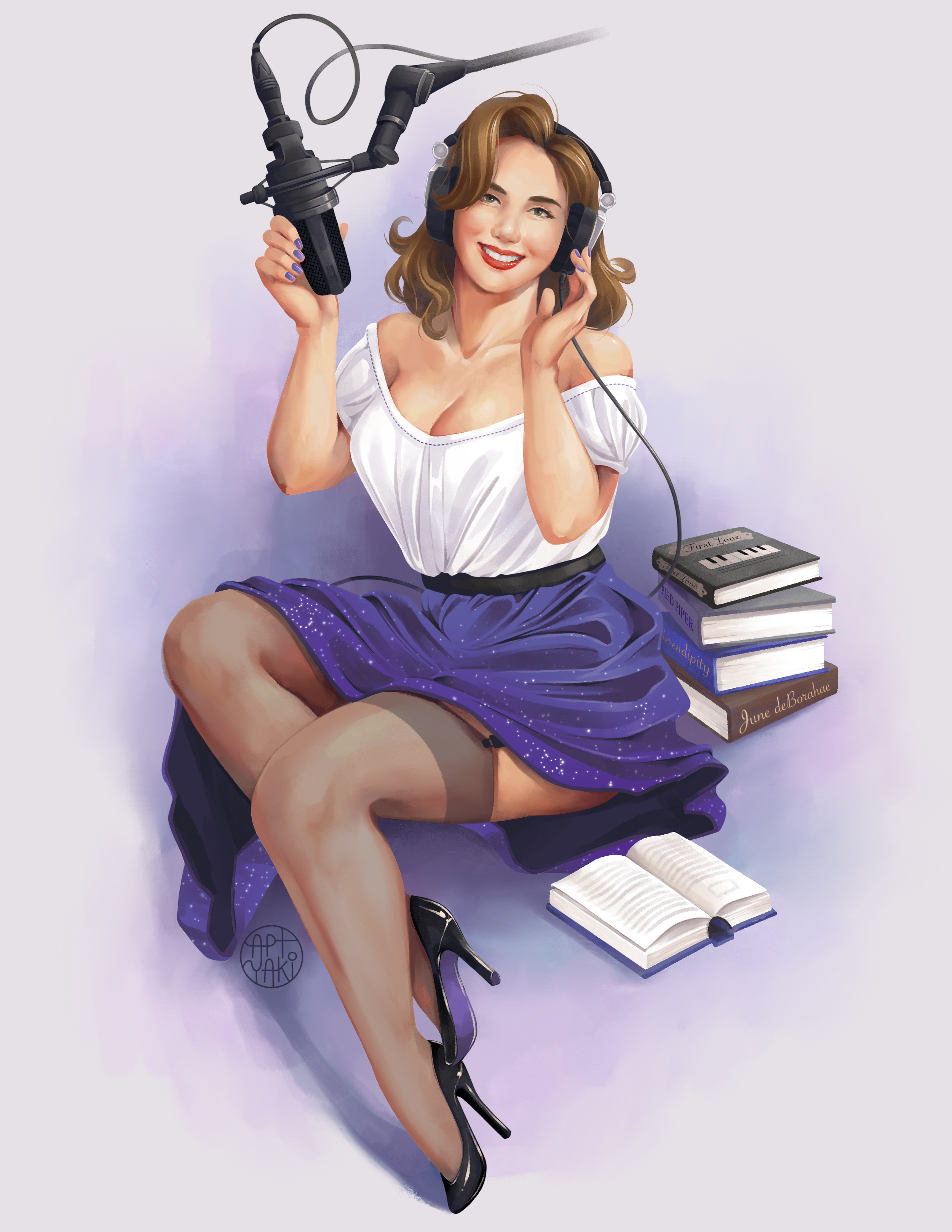 An illustration of a woman with wavy brown hair wearing a white off-shoulder top, a purple skirt with star patterns, and black high heels, sitting with one leg crossed over the other. She is smiling, wearing headphones, holding a microphone in one hand and the phone to her ear with the other. There are several stacked books next to her, one titled 'First Love' and others with titles such as 'Tragedy', 'Resistance', and 'June deBorahae'. An open notebook with a pen is on the floor nearby.