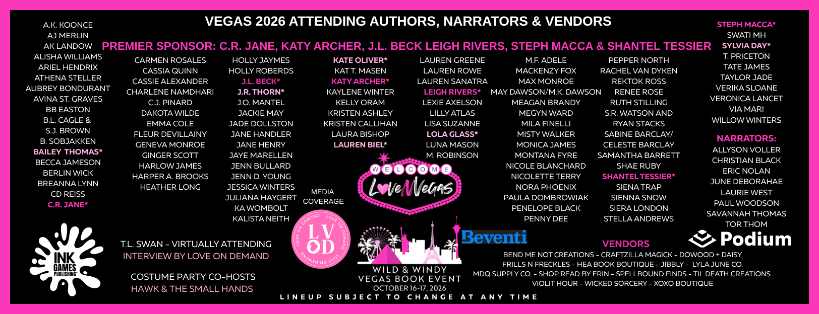 Vegas 2026 book event lineup featuring authors, narrators, vendors, sponsors, and media coverage, with the event date October 16-17, 2026