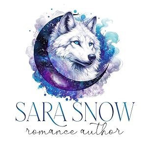 Illustration of a white wolf with blue eyes inside a crescent moon, surrounded by watercolor-style clouds and cosmic elements, with the text 'Sara Snow romance author'.