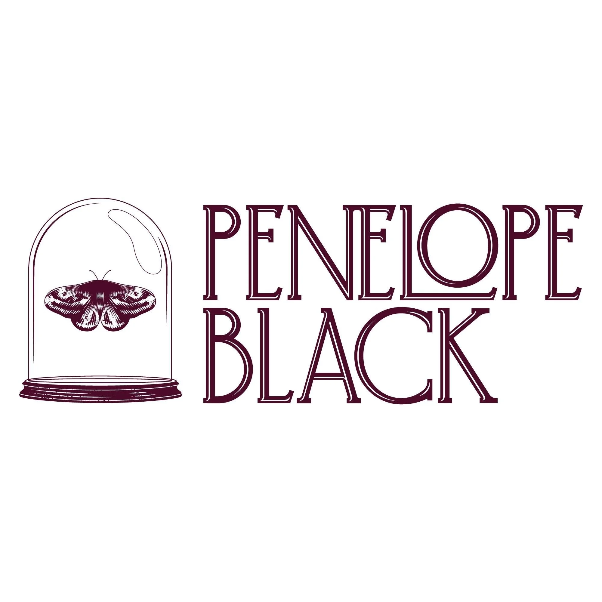 A logo featuring a butterfly inside a glass dome with the text 'Penelope Black' in elegant font.