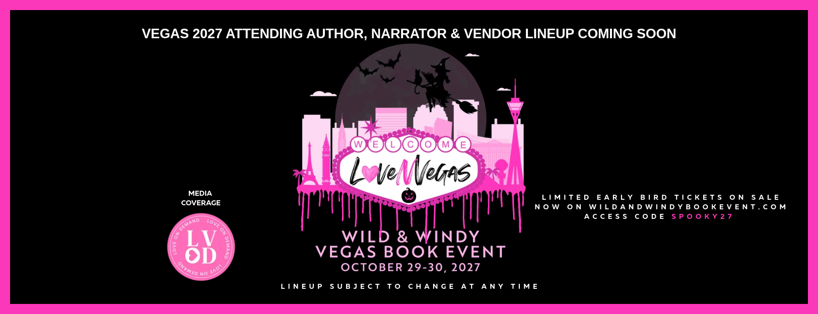 Vegas 2026 book event lineup featuring authors, narrators, vendors, sponsors, and media coverage, with the event date October 16-17, 2026