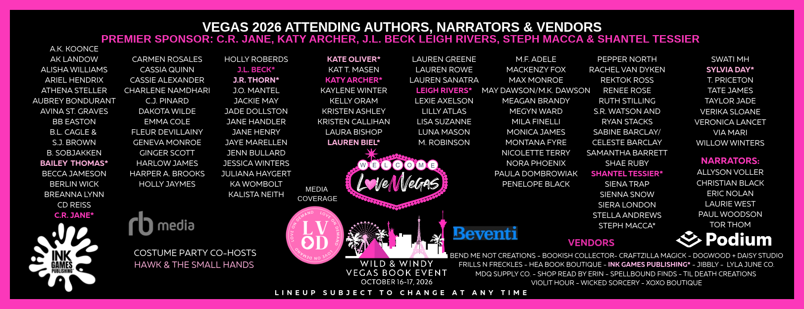Vegas 2026 book event lineup featuring authors, narrators, vendors, sponsors, and media coverage, with the event date October 16-17, 2026